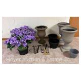 Group of Poly Planters, Faux Flowers, and Wreath Hooks