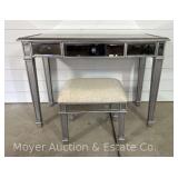 Silver Mirrored Vanity/Desk with One Drawer and Bench, Top is 18”x42”