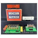 Lionel No. 3656 Operating Cattle Car, with Box, and Lionel No. 3472 Milk Car with Platform, No Box