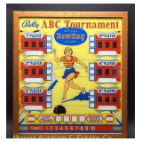 1950s Bally ABC Tournament Bowling Machine Back Glass, Framed 35"x31"