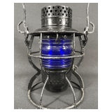 Dietz B.&O.R.R Railroad Lantern, with Blue Ribbed Unmarked Glass Globe, Repainted, 9"h