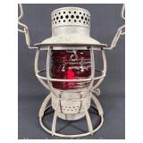 Dressel PRR Keystone Railroad Lantern, with Unmarked Red Ribbed Glass Globe, 9"h
