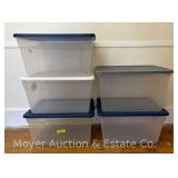(5) Clear Plastic Storage Totes with Lids, Most 56qt.