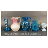 Group of Colored Glass Pitchers, Vases, Etc., 4.25"-9"h