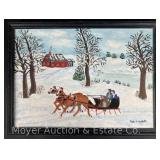 Iris E. Webster “Out for a Pleasure Ride” Oil on Board Winterscape Painting, Framed 13.5"x18"