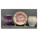 Enameled Plate, Signed Ferris, 7"w, with 2 Studio Pottery Vases, 5"h