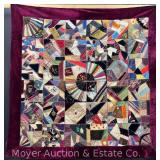 Antique Crazy Quilt, Hand Stitched, Some Loss to Back, 64"x64"
