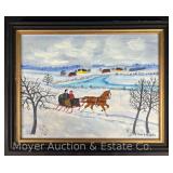 Iris E. Webster “Joy Ride” Oil on Board Winterscape Painting, Framed 16"x19.5"