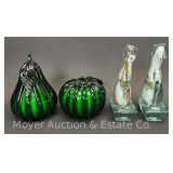 Murano Art Glass Pear and Apple Paperweights, with Other Art Glass Cats, 3"-5"h