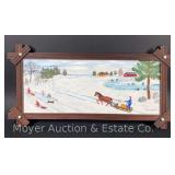 Iris E Webster “On the Way Home” Oil on Board, Cris Cross Frame, 25"x12.5" Overall