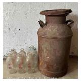 Milk Can, with Lid, 24"h and (6) Vintage Milk Bottles