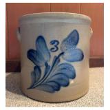 Three Gallon J. Fisher Lyons, NY Stoneware Crock, Cobalt Floral Design, Glaze Chip on Front