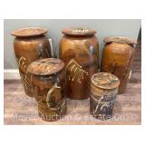 5 Studio Pottery Jars with Lids, Artist Signed on Bottom, 1 Lid Broken, 9”-17”h