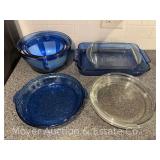Group of Anchor Blue Glass Bakeware, 3pc. Mixing Bowl Set, and 2 Clear Pie Plates