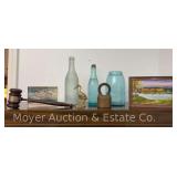 Glass Bottles, Brass Pad Lock, Small Painting, Etc.