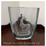 Strömbergshyttan Swedish Glass Vase with Etched Gazelle, B316, 5"h (chips to top edge)