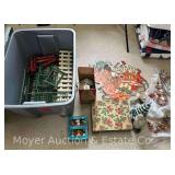Tote of Vintage Christmas Decorations, Tree Toppers, Etc.