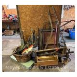Group of Wagon Parts, Bale Spear, Scythe, Horseshoe, Grease Guns, Lathe Chucks, Minnow Trap, Etc.