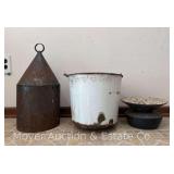 Enameled Bucket, Metal Boat Buoy, and Spittoon