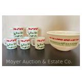 Hazel Atlas Jingle Bells Egg Nog Bowl and 5 Mugs