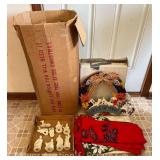 Group of Christmas Linens, Nativity Set, Tinsel Tree, Etc.