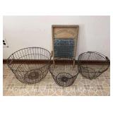 Group of Wire Baskets and Washboard