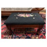 Needlepoint Footstool, Wood Base, 14.5"w