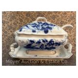 Ironstone Soup Tureen with Tray and Ladle, Cobalt Flower Decoration, 15.5"w