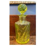 Green Glass Decanter, Glows Under Black Light, 7"h