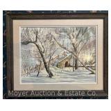 Watercolor of Snowy Landscape, Unsigned, Framed 25.5"x32"