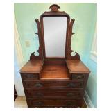 Victorian Walnut Dresser with Mirror, Carved Wood Pulls, 2 Pieces, 42"x17.5"x71"h Overall