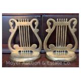 Pair of Brass Tone Harp Bookends, 5"h