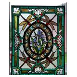 Stained Glass Panel with Irises and Dragonflies, 25.5"x19.5"