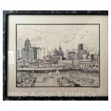 "Buffalo, NY on Lake Erie" Pen and Ink Style Print, Signed Alexander, Framed 16"x20"