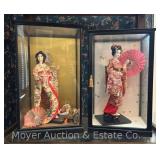 (2) WW2 Era Japanese Geisha Dolls in Display Cases, Cases are 21" and 22.5"h