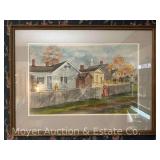Harword Dryer Watercolor of Colonial Village, Artist Signed, Framed 21"x28"