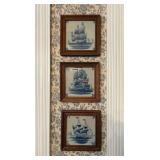 (3) Royal Tichelaar Makkum Delft Tiles with Ships, Wood Framed, 6.5"x6.5"