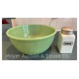 Fire King Jadite Swirl Mixing Bowl, 9"w, with Milk Glass Sugar Shaker