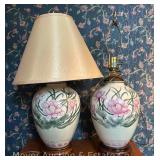 Pair of Table Lamps, Ceramic and Wood Bases, One Missing Shade, 28"h
