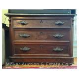 Marble Top 3 Drawer Chest of Drawers, Carved Wood Handles, 44"x20"x33"h Overall