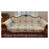 Camelback Sofa, Wood Frame, with 3 Additional Cushions, Antique but has Been Reupholstered, 83"h