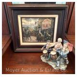 Resin Etching of American Revolutionary Scene, Framed 14"x16", with Figurine, 7.5"h