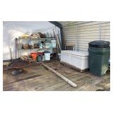 Contents of Back Patio: Fire Pit, Rubbermaid Trash Cans, Poly Storage Bench with Contents, Lawn and Garden, Etc.