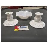 Vntg Fenton Hobnail Dish & Candlesticks
