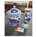 Blue & White Porcelain Jar w/ Lid & Candlestick