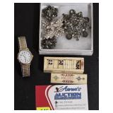 Vintage Broach & Earrings, Timex Watch, Mini Domis