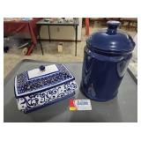 Blue Cookie Jar/Cannister & Porcelain Dish w/ Lid