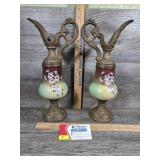 Antique Hand Painted Victorian Mantle Ewer Pair
