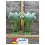 Vintage Aurora Borealis Green Opalescent Vase Pair