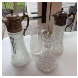 Set of glass water pitchers and Waterford vase
